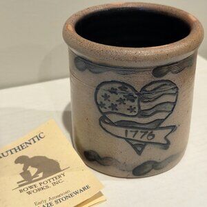 Rowe Pottery Wworks 1991 Patriotic 1776 Salt Glazed Small Crock with heart flag